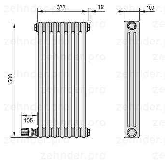 Схема (чертеж) Радиатор Zehnder Charleston 3150/7 №V004 Белый глянцевый RAL 9016